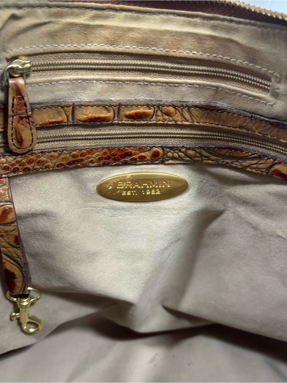Brahmin Tan Belinda Croc Leather Embossed Hobo Bag Purse Designer Dual Pockets - Picture 10 of 12